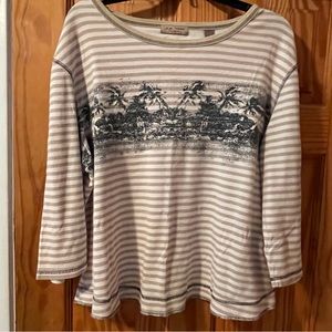 i.e. Relaxed Khaki and White Striped Tunic With 3/4 Length Sleeves, Size 3X
